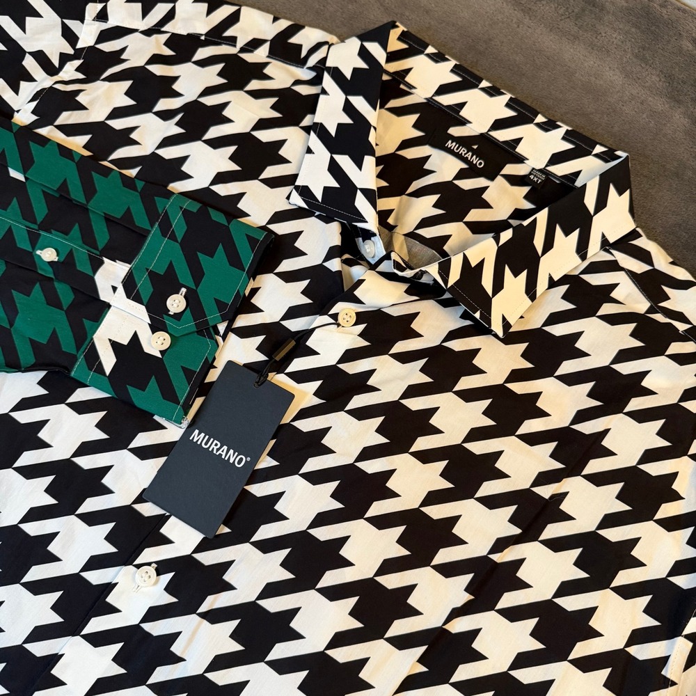 Murano Houndstooth Button Down Shirt Mens 4XT Black Green Tall Long Sleeve NWT